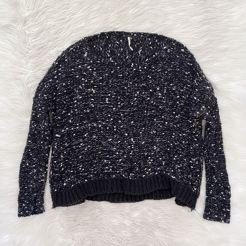 Free People Black White Marled Knit Chunky Side Zipper Slouchy Sweater Pullover